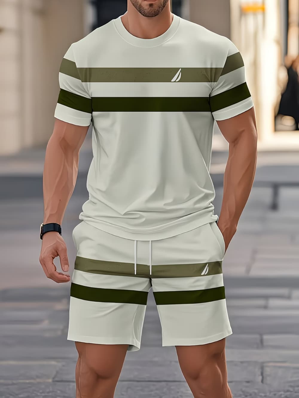 3D Printing Custom - Herren-Sommer-Sets, lustiges 3D-Streifen-Print-Kurzarm-T-Shirt + Shorts, 2-teiliges